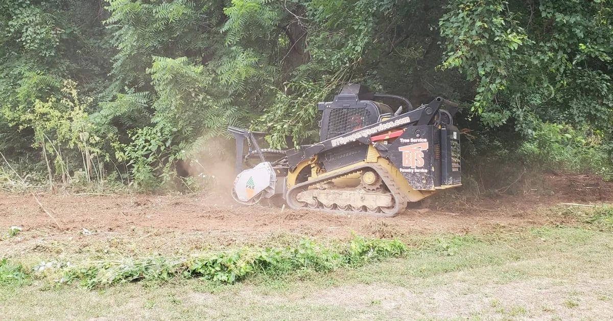Tracked mulching machine with a rotary cutting head grinding brush and clearing dusty ground next to a tree line.